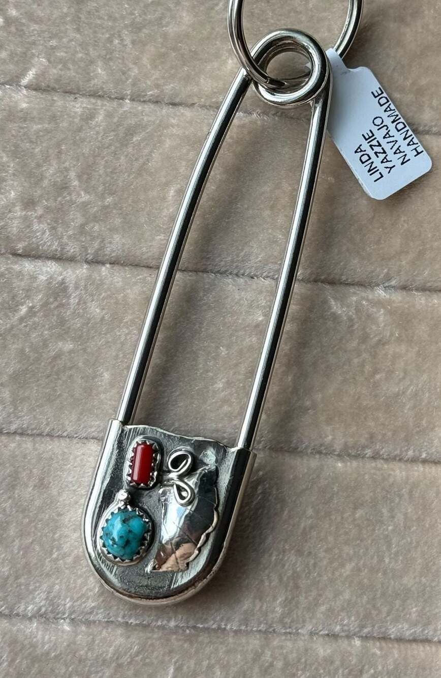 Linda Yazzie Navajo Sterling Silver Coral and Turquoise Safety Pin Keychain